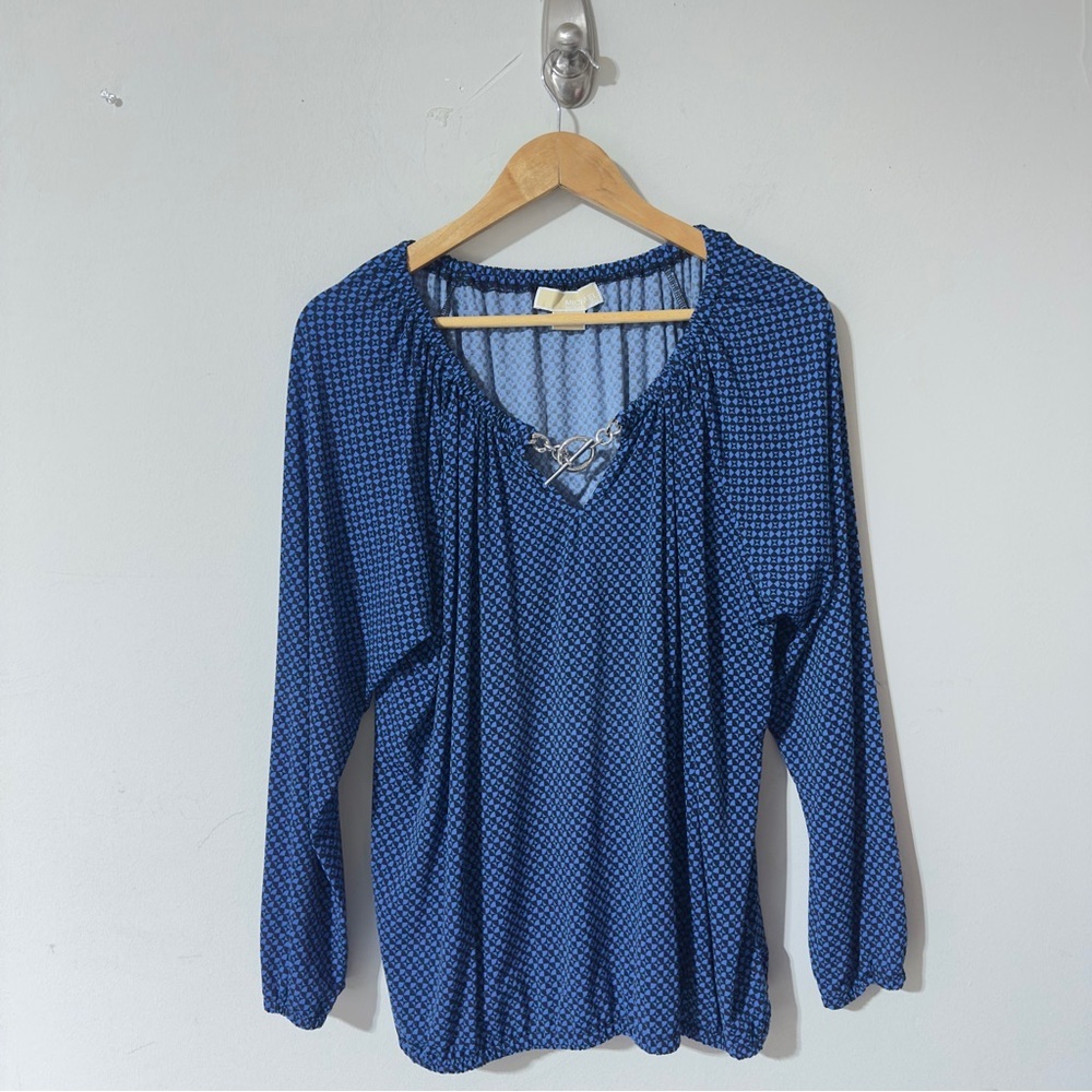 👉 Michael Kors Blue Geometric Print Chain Link V-Neck Long Sleeve Blouse Size 1X